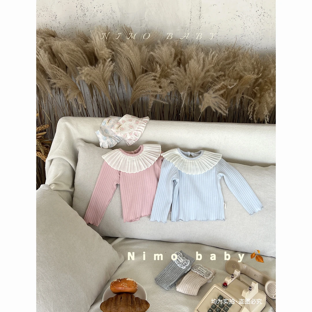 NIMO【泡芙】韩系秋款纯色百褶荷叶领打底衣洋气公主风长袖上衣