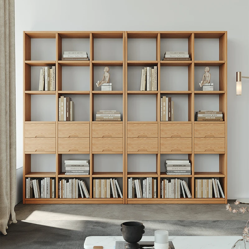 实木橡木书架落地置物架客厅玄关柜一体靠墙展示架多层格子书柜