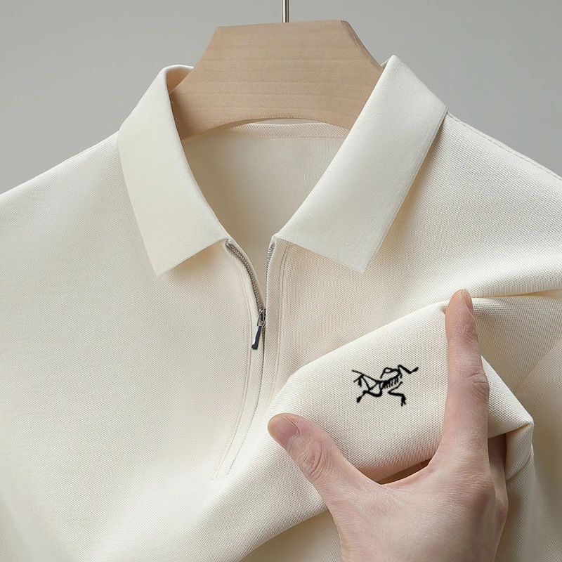 正品始祖刺绣鸟短袖T恤男士桑蚕丝翻领半拉链商务休闲棉质polo衫