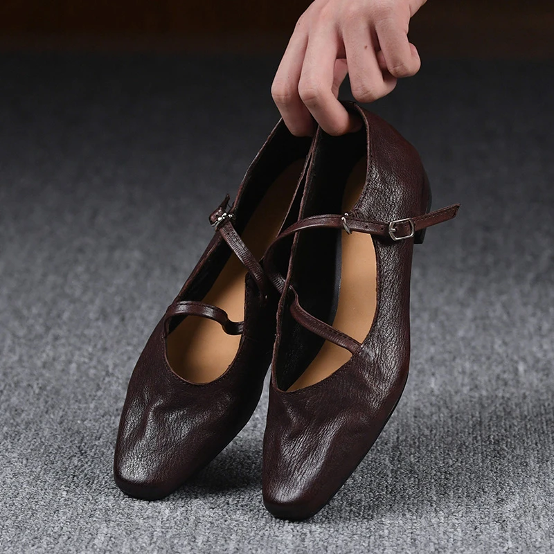 高档舒适真皮浅口单鞋女低跟方头高级感水洗马皮复古玛丽珍小皮鞋