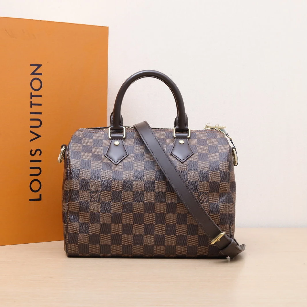 95新 LouisVuitton/路易威登 【黑黑】Speedy 25 配肩带 棋盘格