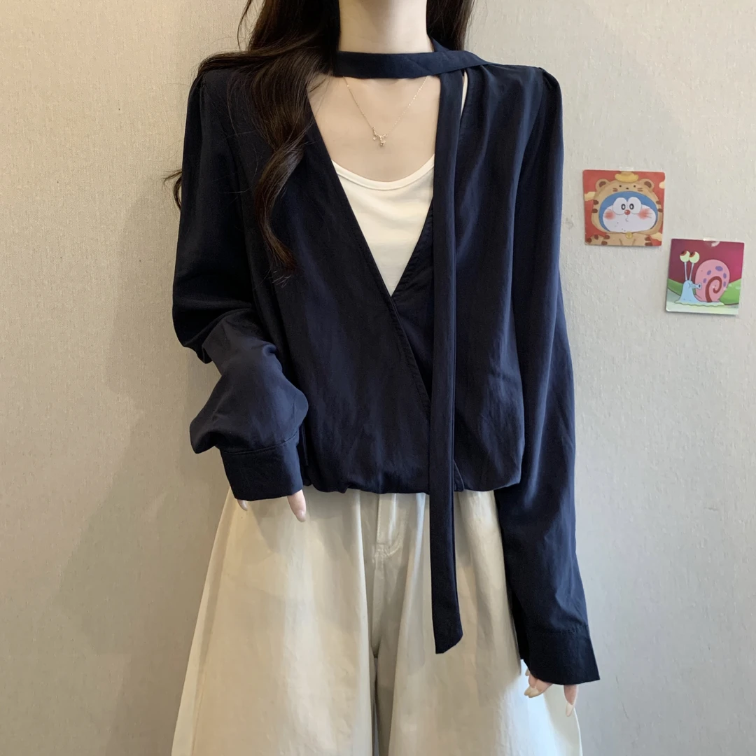 大码女装遮肚子法式复古飘带长袖衬衫女春秋胖MM宽松显瘦短款上衣