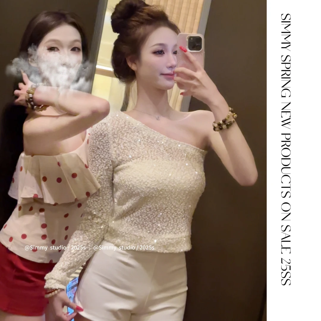 【熙米Simmy】25ss开春系列17”闪光聚焦 千金风镂空针织亮片斜肩t恤