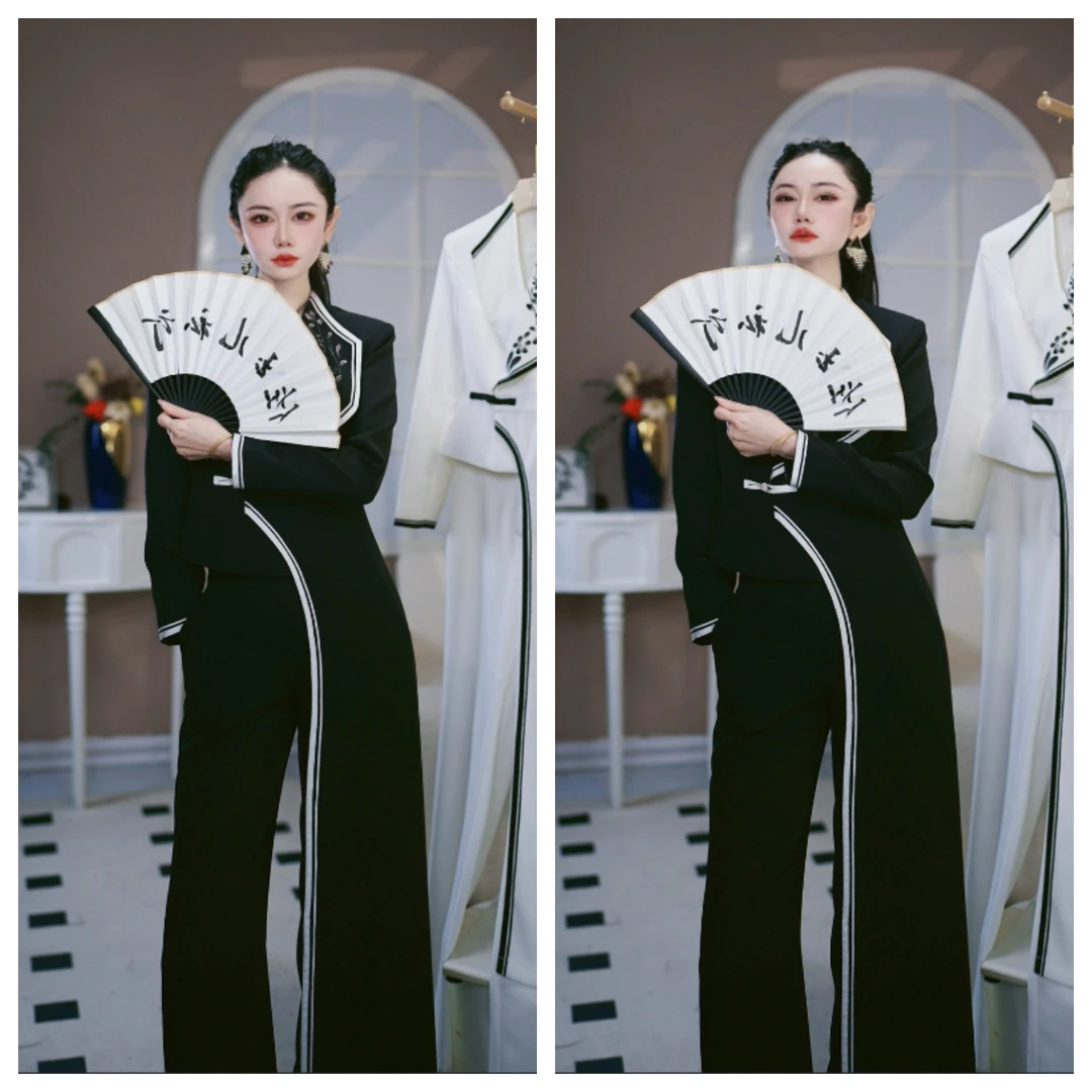 【Z.YE】高级感时尚国风收腰气质修身西服百搭阔腿裤两件套2407