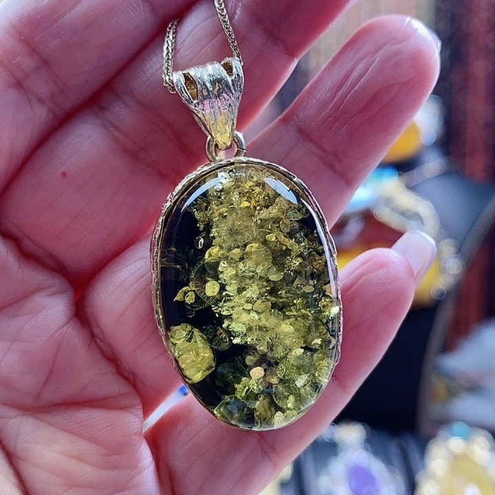 琥珀颈饰银S925镶嵌吊坠