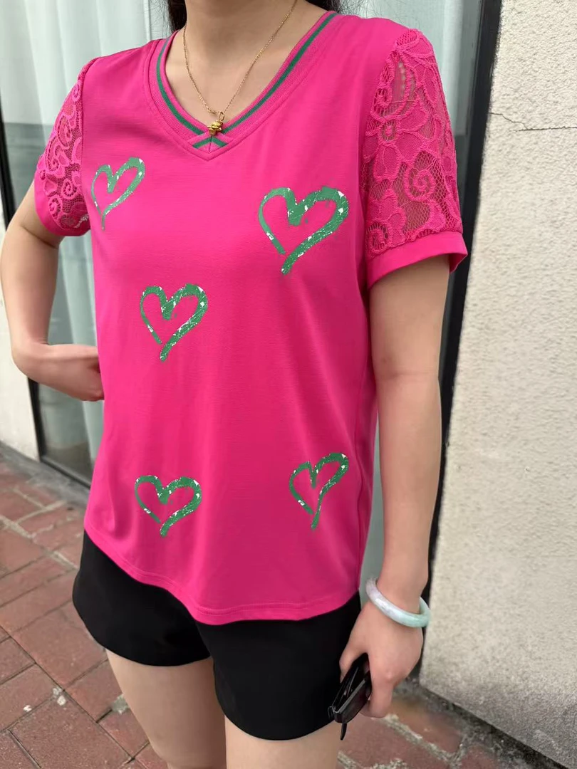 心形重工大码防臭妈妈装T恤镶钻抗起球立体装饰圆领夏季百搭