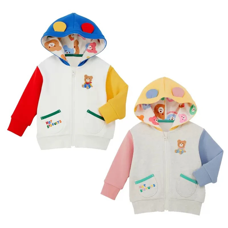 【25秋冬新品】日系男女儿童麻子熊拼色连帽外套双色卡通拉链外套