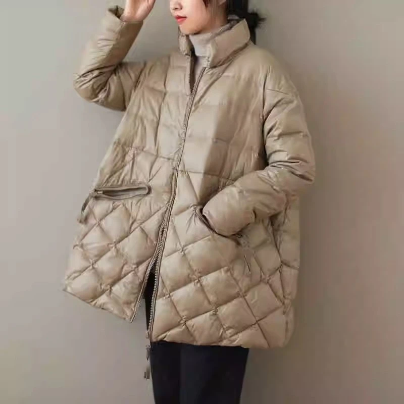 大码女装文艺复古宽松卡其色长袖拉链外套显瘦百搭保暖棉衣棉服潮