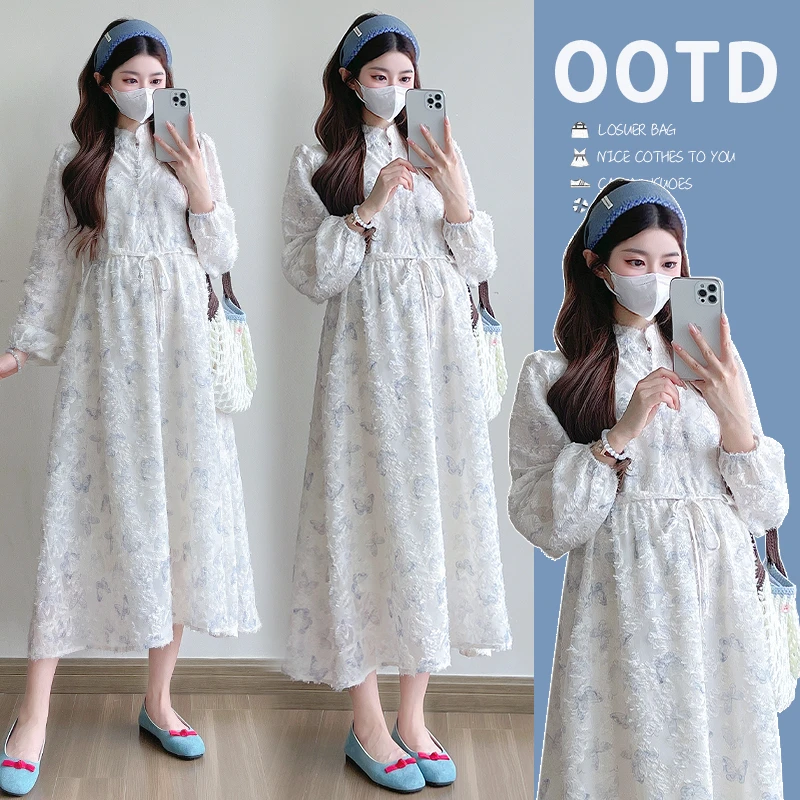 【Liner】孕妇装新款春秋大码碎花网红赫本风蝴蝶提花高品质长袖慵