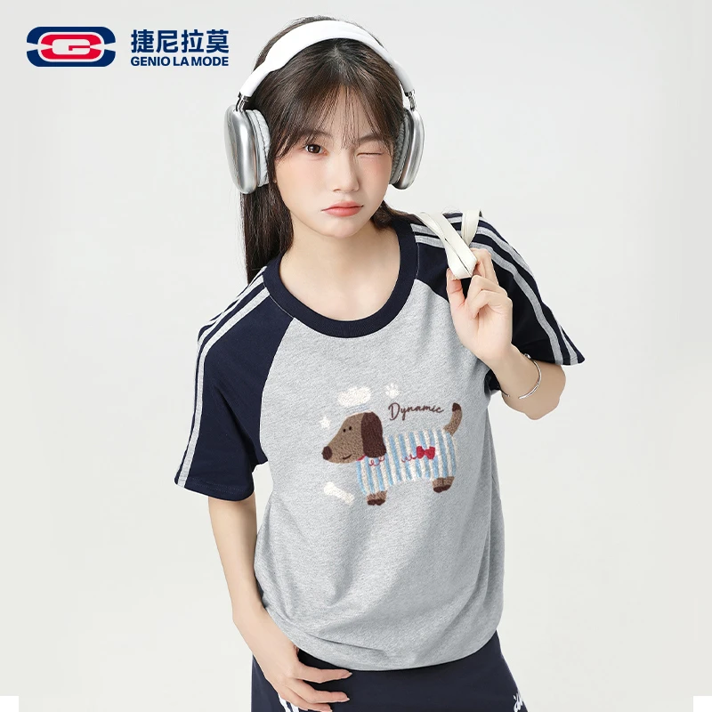 运动休闲插肩短袖t恤女2025夏季新款百搭纯棉上衣圆领腊肠狗潮流