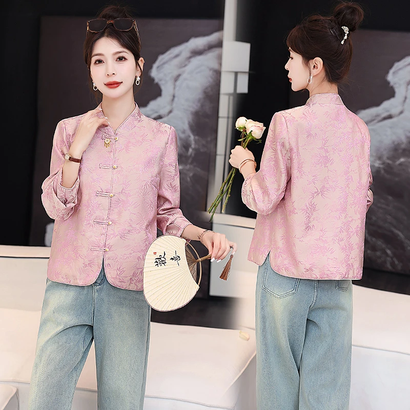 新中式国风外套女春秋高级感刺绣提花盘扣宋锦唐装年轻版西装上衣