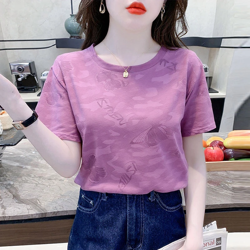 时尚蝴蝶印花短袖T恤女圆领宽松显瘦设计感休闲百搭2025夏季上衣