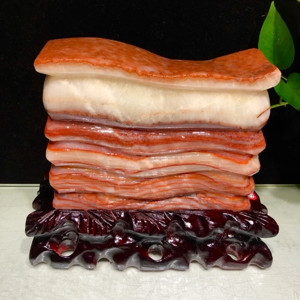 五花猪肉石雕刻边柜装饰品摆件客厅，规格含座22-5.5-19厘米，8.6斤