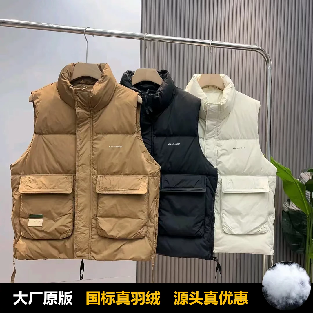 潮牌新国标白鸭绒工装羽绒马甲男2024新款大口袋保暖无袖坎肩百搭