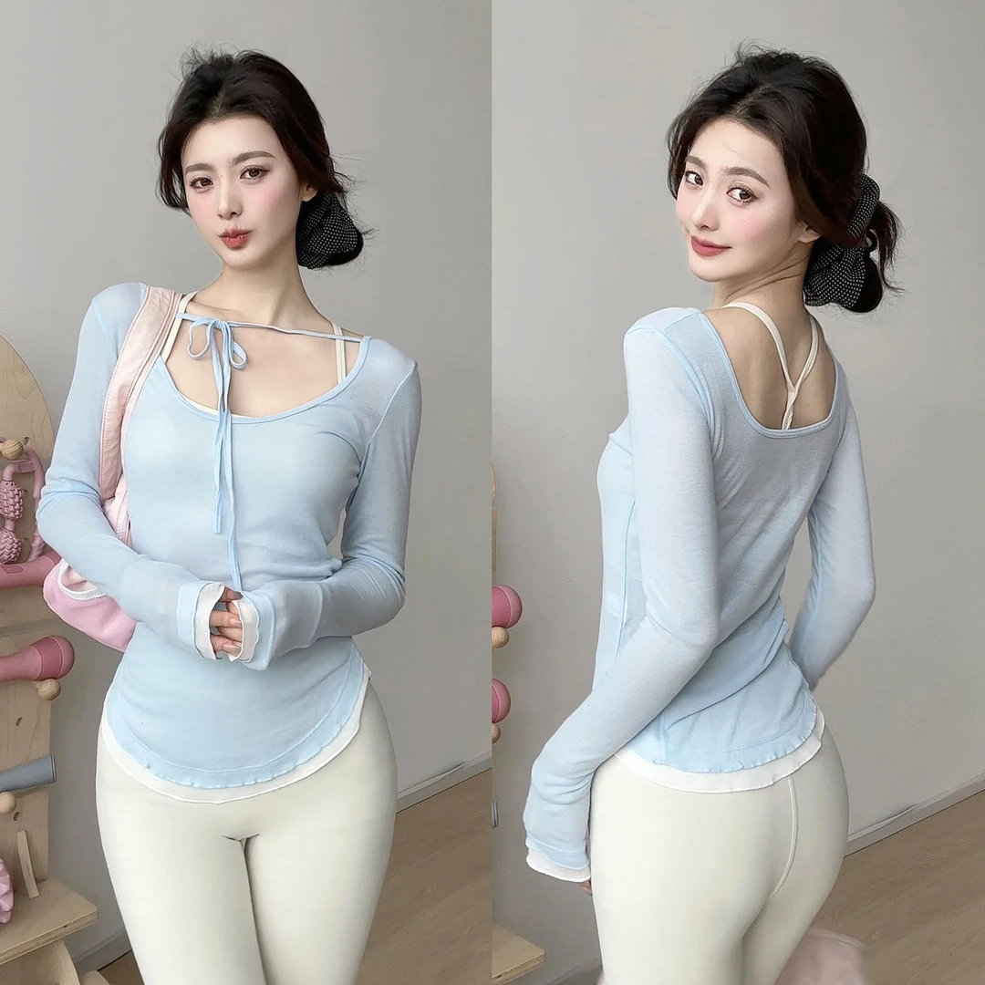 gogoyoga系带美背瑜伽罩衫长袖修身显瘦薄款透气高级感瑜伽服罩衫