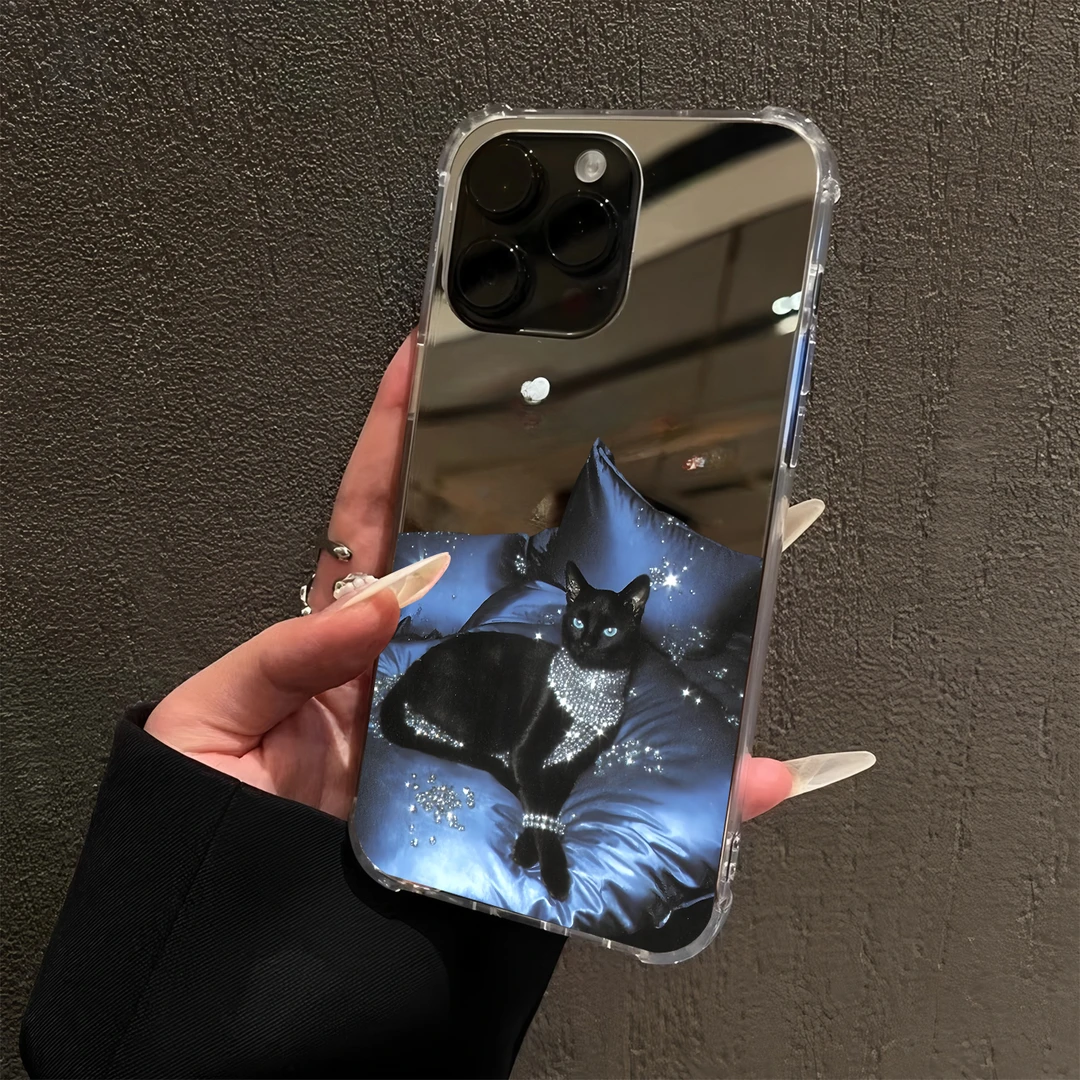 轻奢风高贵气质黑猫适用iPhone15苹果16promax手机壳14镜面13女12