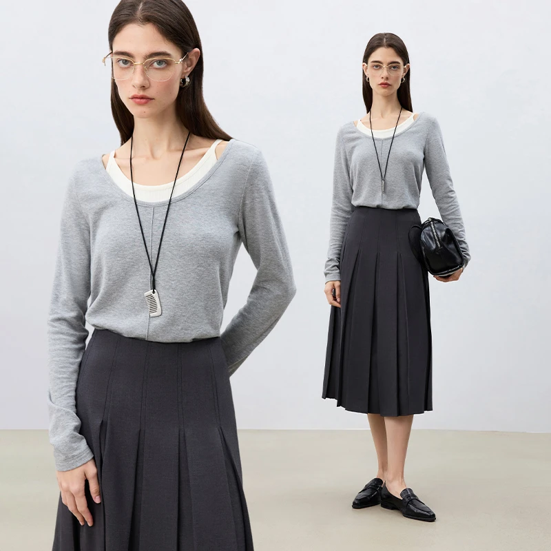 自巧小个子女装穿搭气质百搭针织T恤长袖洋气圆领上衣 25ZQ91187