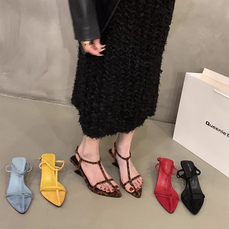 坡跟高跟红色尖头细带凉鞋仙女鞋子2025新款夏季配裙子豹纹罗马鞋