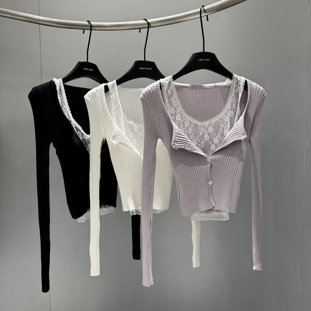 KPC【假两件蕾丝花边拼接针织长袖】2025夏季简约显瘦修身上衣女