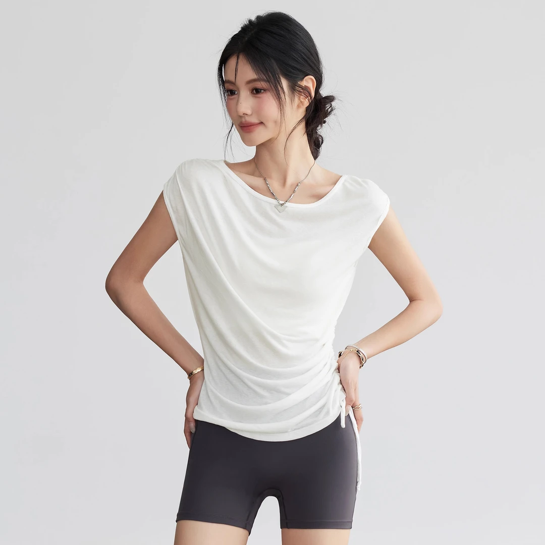 云端贝壳抽绳瑜伽上衣短袖女速干透气跑步运动T恤罩衫凉感健身服