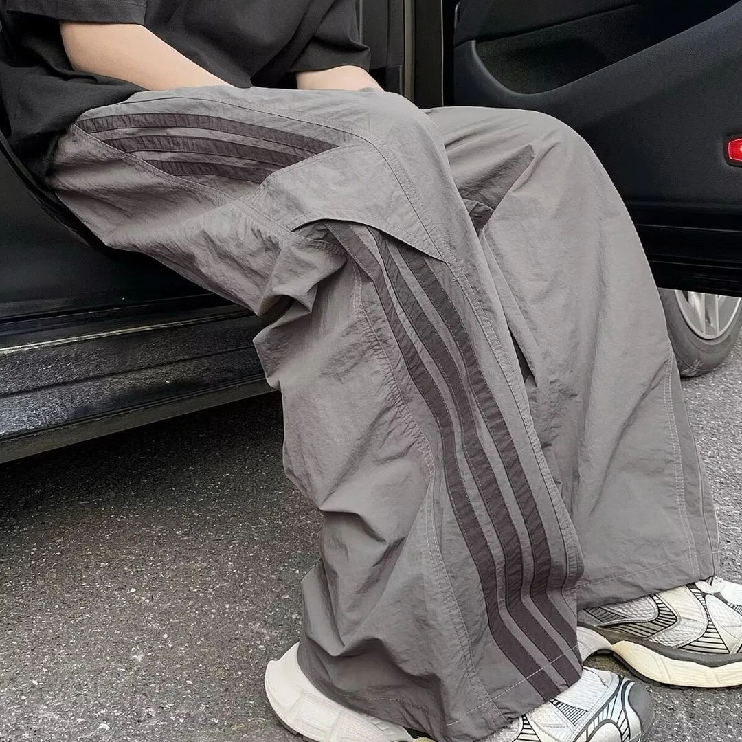 美式三条杠速干裤子男款夏天薄款宽松阔腿工装裤直筒百搭休闲长裤