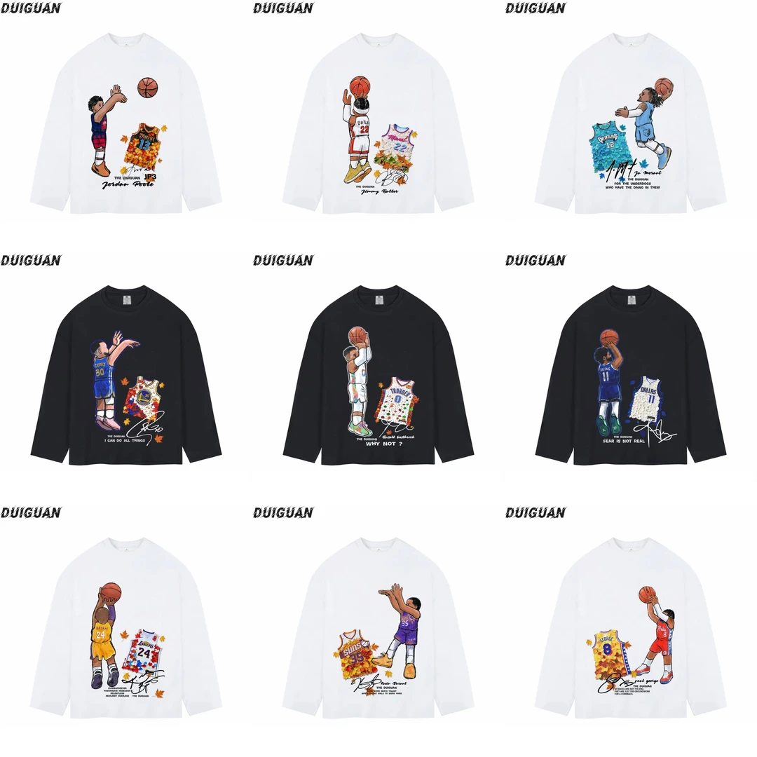 球星动漫枫叶长袖直喷印花圆领秋季薄款运动休闲宽松版T恤篮球