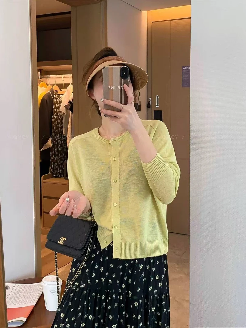 天丝麻春夏季长袖圆领毛针织衫蕾丝开衫绿色时尚秋季毛衣镂空