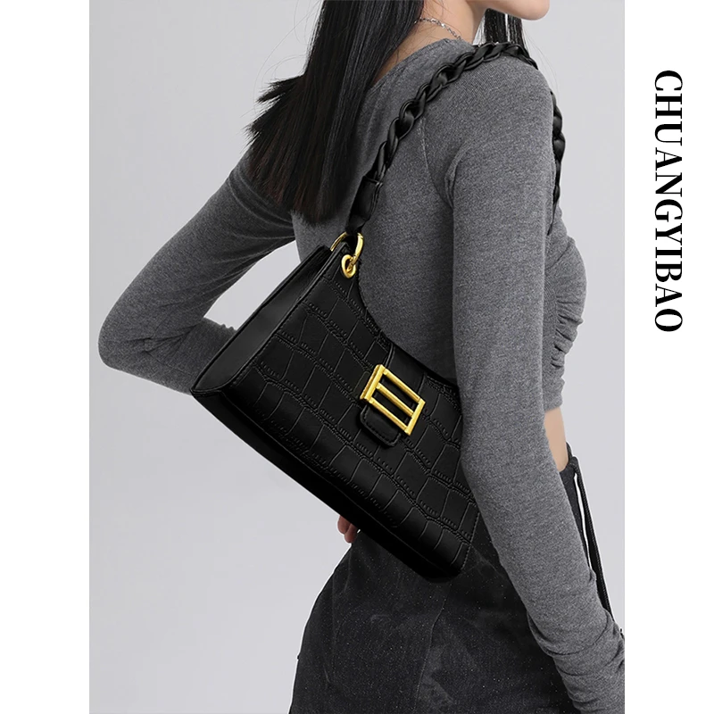 手提小方包女2025新款法式鳄鱼纹腋下包小众单肩斜挎包编织包包女