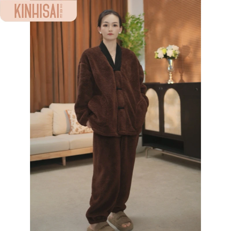 【特厚】睡衣女冬季加绒加厚长袖保暖新中式家居服套装可外穿舒美绒