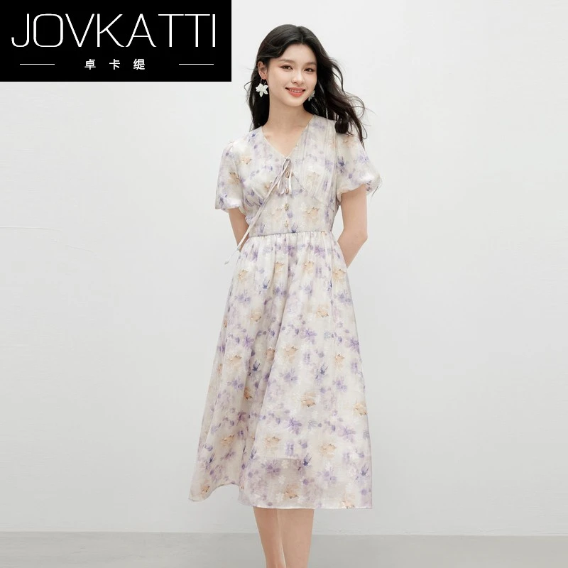 Jovkatti气质收腰v领碎花连衣裙2025年夏季新款简约减龄绝美裙子