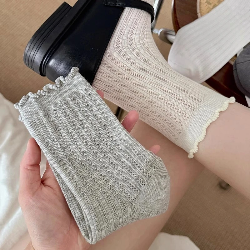 木耳边袜子女春夏秋网眼透气花边中筒袜日系外穿棉袜miu风堆堆袜