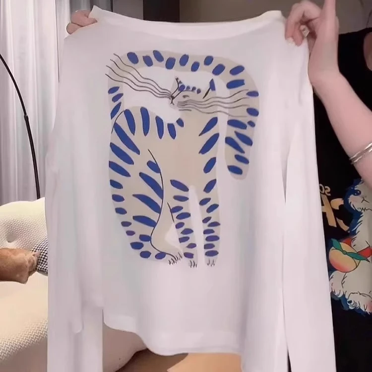 亲肤好穿不扎！猫咪印花防晒长袖t恤女夏季2025薄款空调罩衫上衣