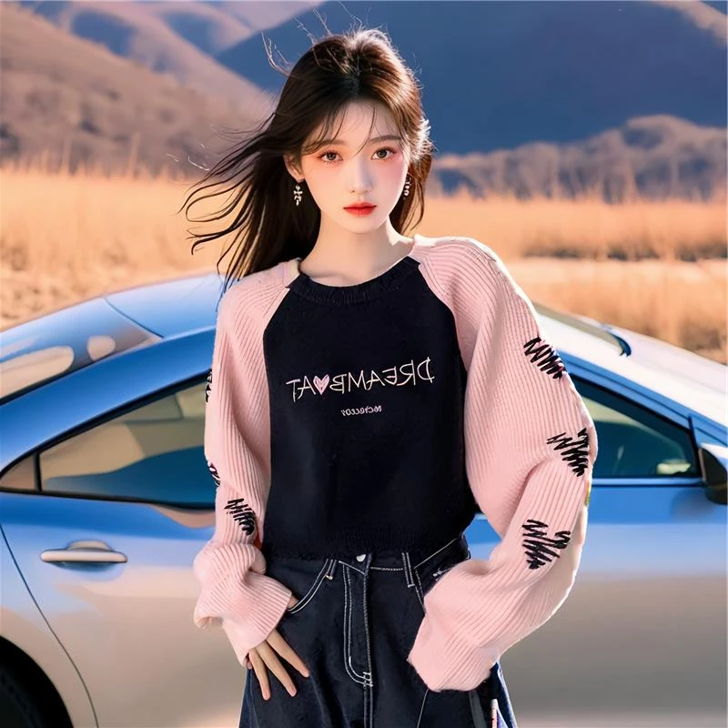 慵懒风短款毛衣女春秋2025新款拼色设计感美式字母刺绣宽松针织衫
