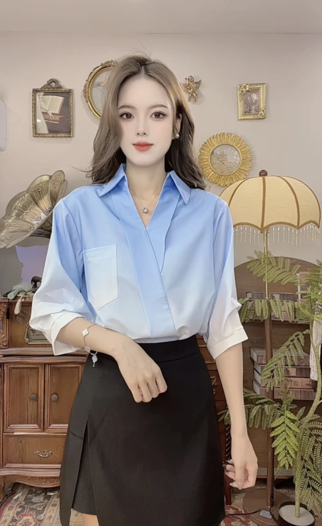夏季长袖衬衫休闲V领条纹翻领泡泡袖包袖设计感衬衣显瘦上衣