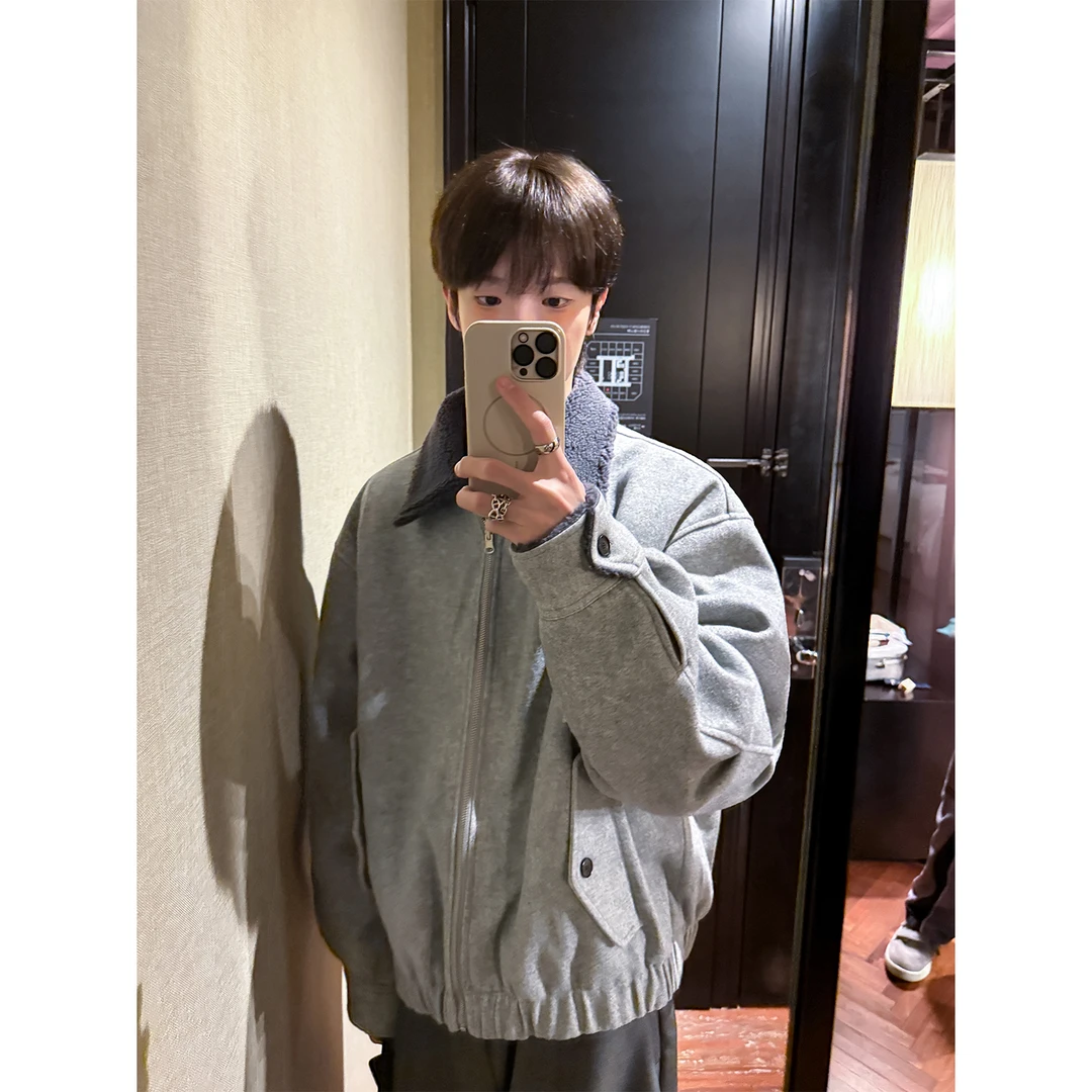 高林凡 韩风简约男友风廓形正反两面穿飞行员毛呢夹克外套男加厚