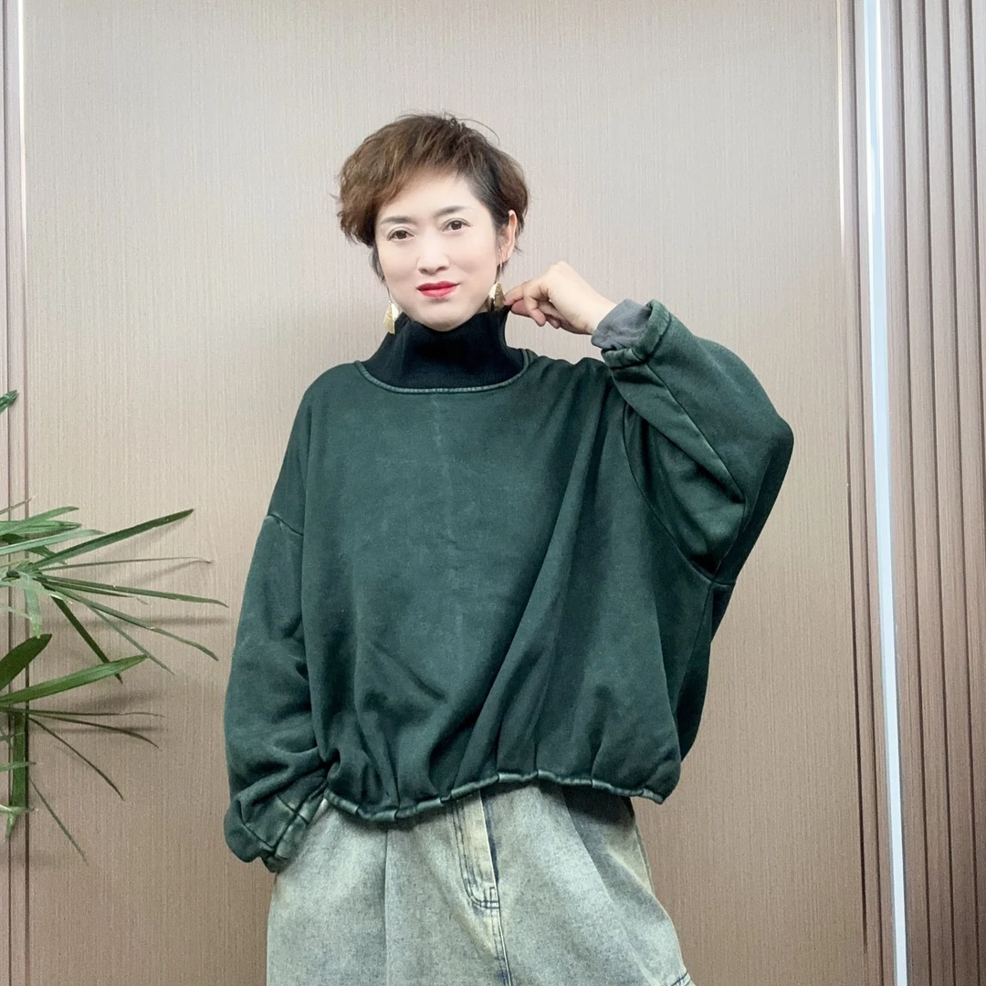 C2826秋冬短款百搭卫衣打底韩版高领时尚宽松绿色拼接网红