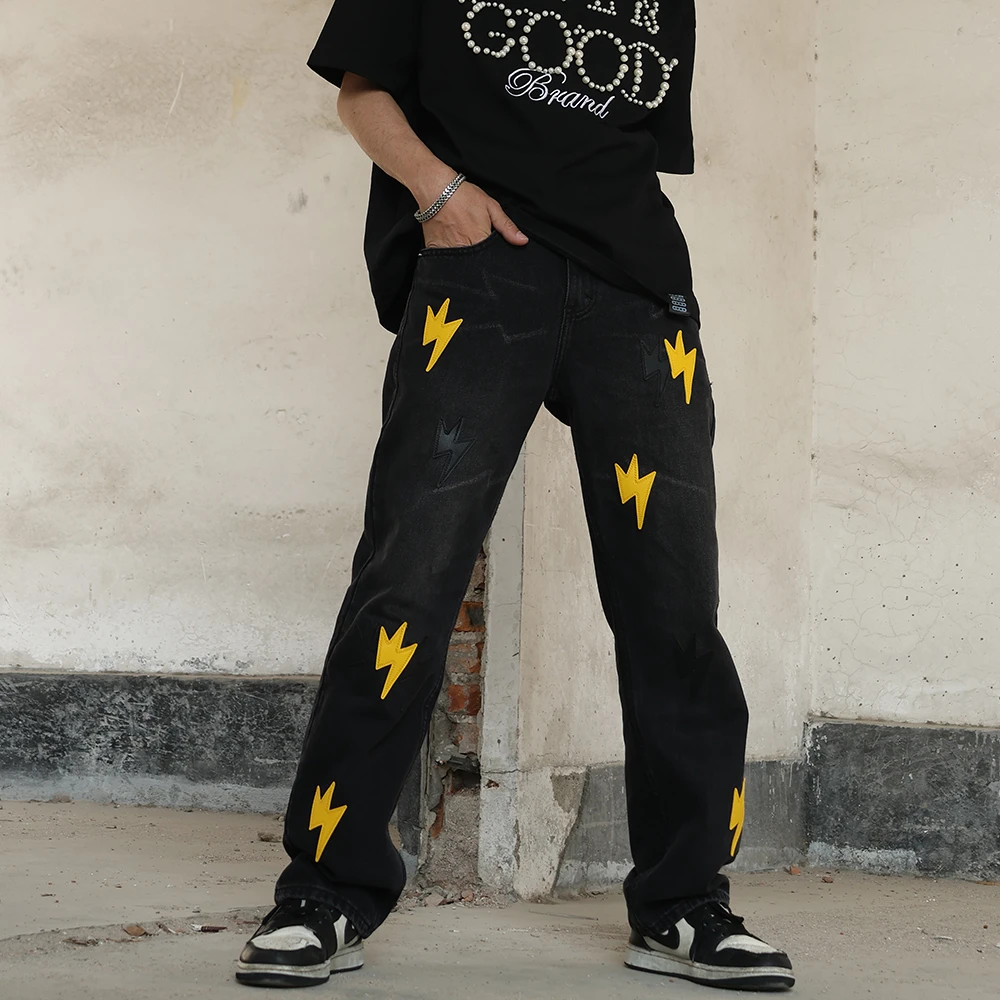 THIS WOW澳门限定501改良贴皮男女501裤子宽松牛仔裤直筒黑黄裤子