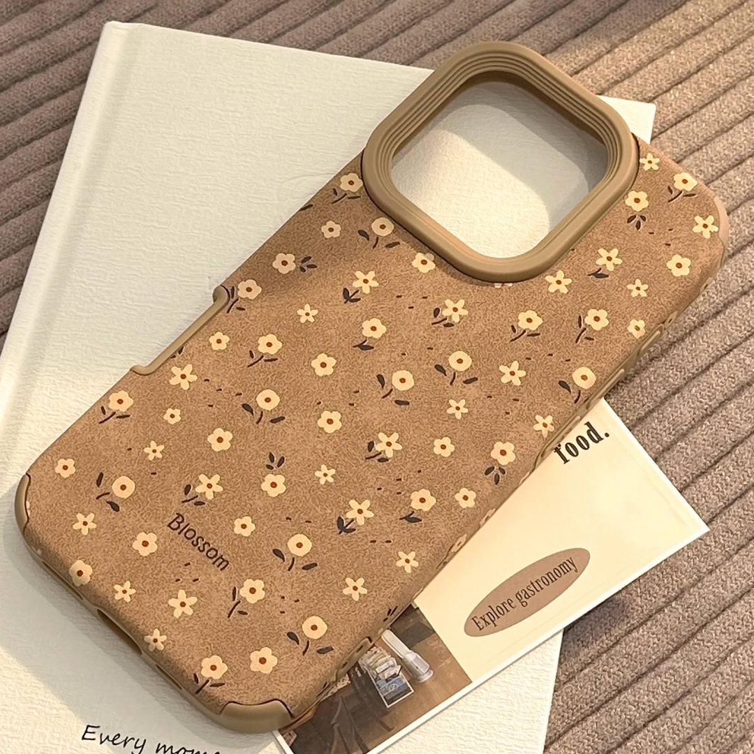 兰知春序复古风花朵适用苹果16手机壳iphone15promax皮质棕色13秋