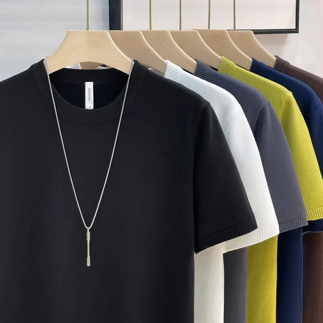 男士秋冬短袖针织衫2025款时尚百搭修身圆领纯色半袖简约通勤T恤