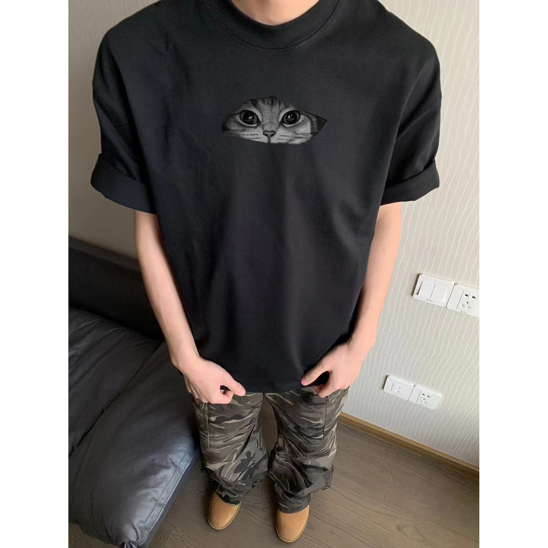 100%纯棉320克重磅圆领印花百搭情侣学生T恤半袖美式印短袖小众