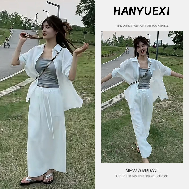 夏季一整套女装2025新款韩版慵懒风吊带宽松防晒衬衫半身裙三件套