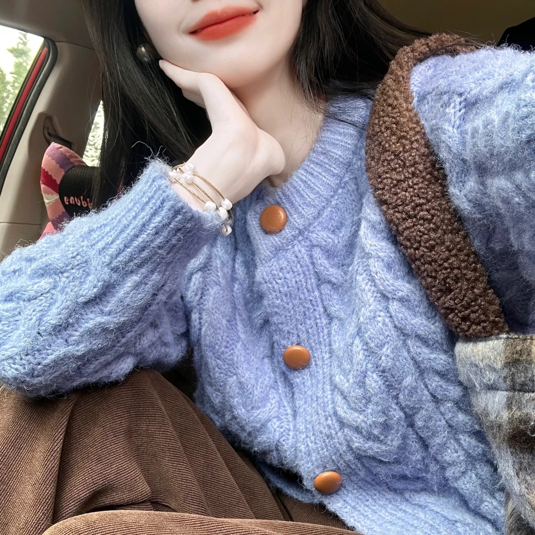 日系复古麻花毛衣开衫外套女春秋季宽松慵懒风针织衫上衣