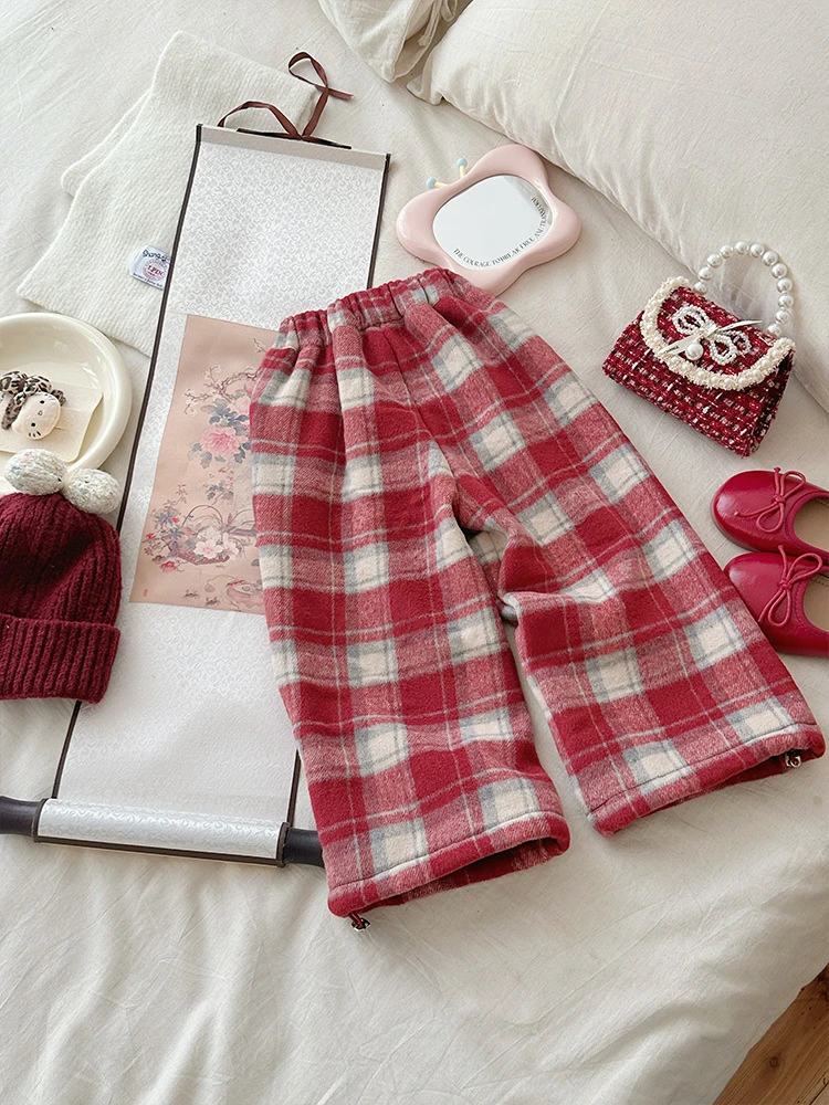 女冬季纯色加绒儿童复古保暖套装格子洋气秋冬儿童
