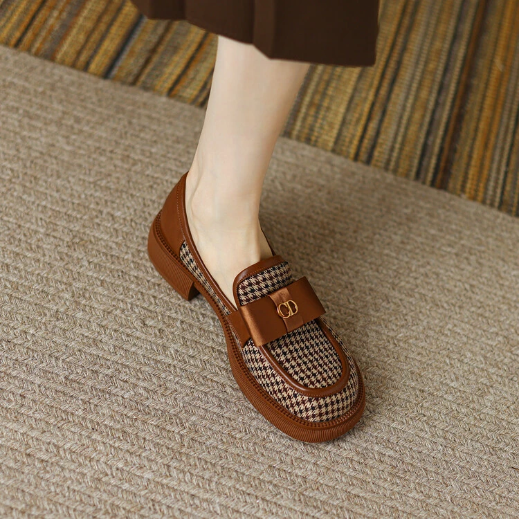 3cm~真皮女鞋春秋百搭法式复古粗跟英伦风圆头软底牛皮厚底乐福鞋