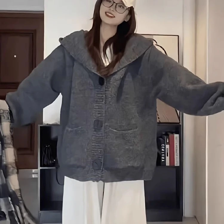 宽松慵懒风秋冬胖MM显瘦口袋毛衣外套韩系韩版宽松针织连帽毛衣