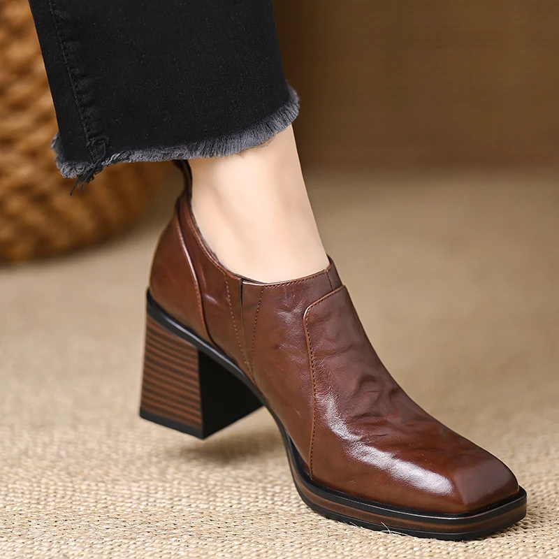 轩玥情女鞋7cm防水台高跟鞋复古棕色牛皮方头粗跟单鞋春秋小皮鞋