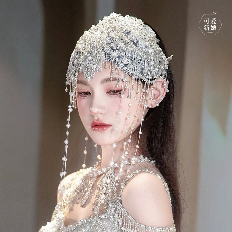 法式重工刺绣蕾丝串珠流苏纱帽高级感甜美婚纱造型奢华帽链BH6143