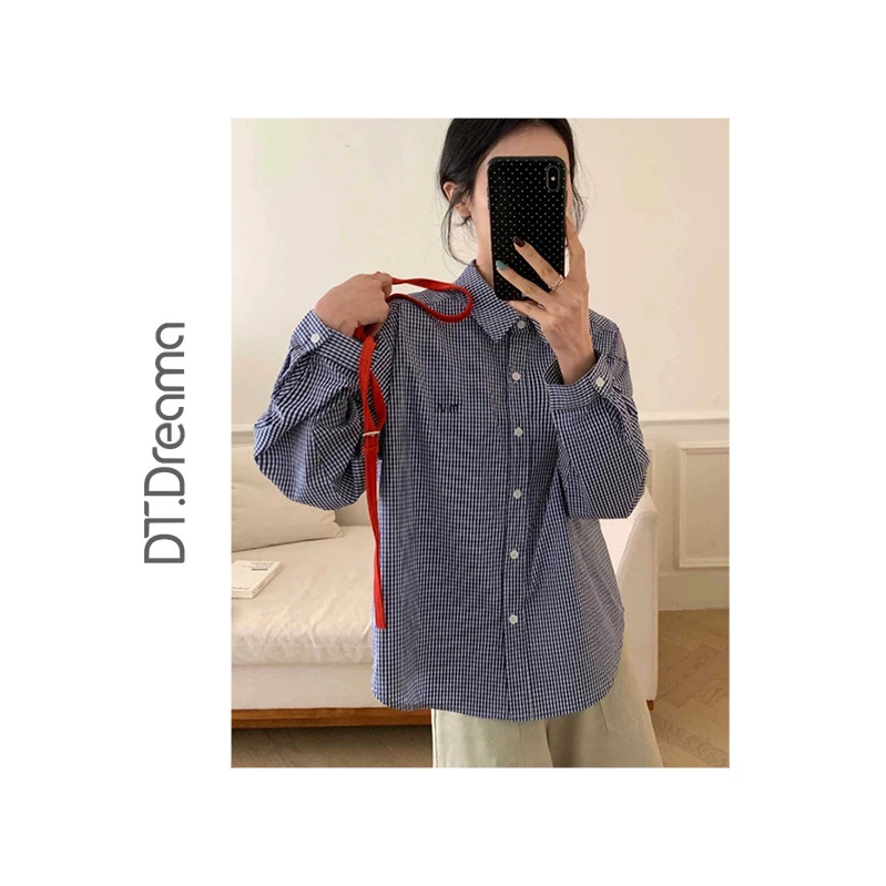 春季新款女法式格子韩版小众长袖衬衫女宽松休闲百搭上衣时尚