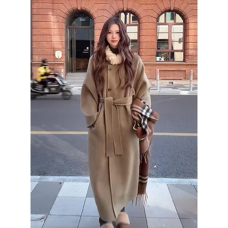 毛毛领呢子大衣女2025冬新款加厚毛呢外套小个子赫本风正肩中长款