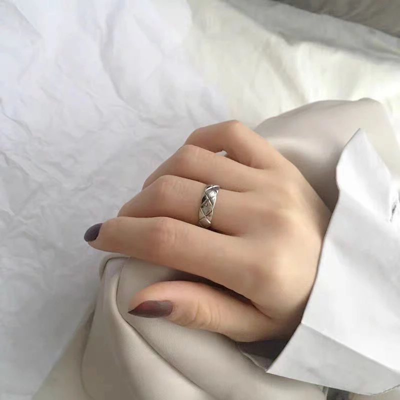 足银戒指 足银990菱格纹160戒指活口可调节时尚个性潮流小众韩版